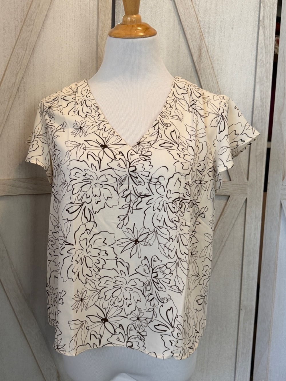 Ann Taylor Cream Blouse with Black Floral Outline